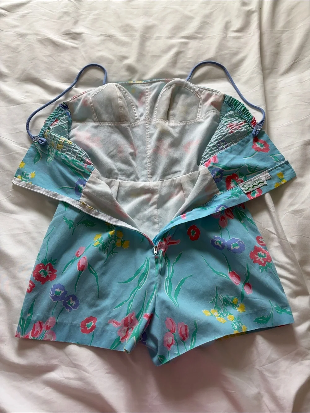 Vintage Floral Blue Romper with Spaghetti Straps - Picture 7 of 13